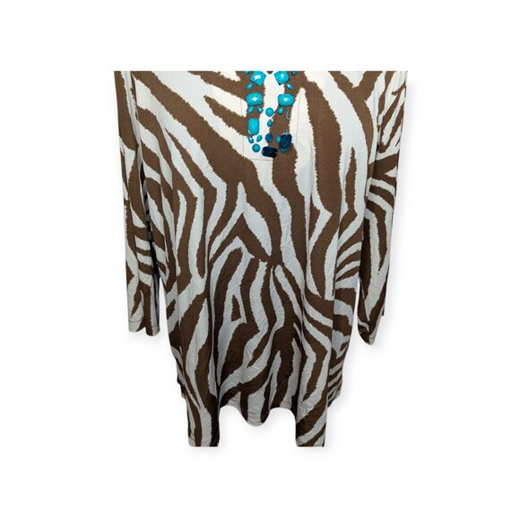 Susan Graver Brown & White Animal Print Long Sleeve Top Turquoise Accent Beads - Picture 4 of 15